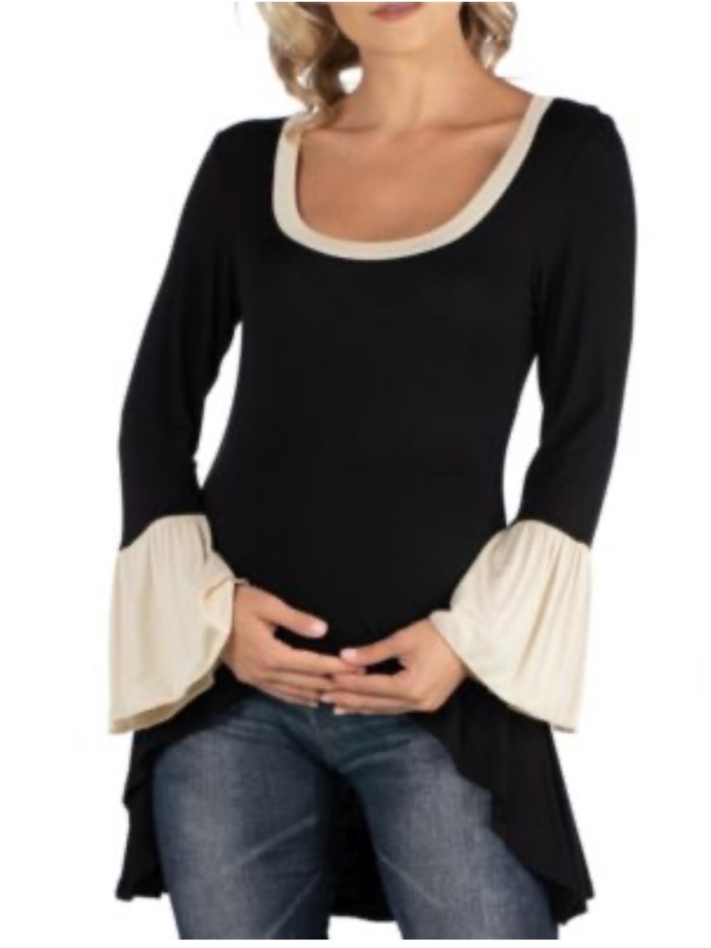 24Seven Black Swing Tunic with Cream Scoop Neck & Bell Sleeves Size M